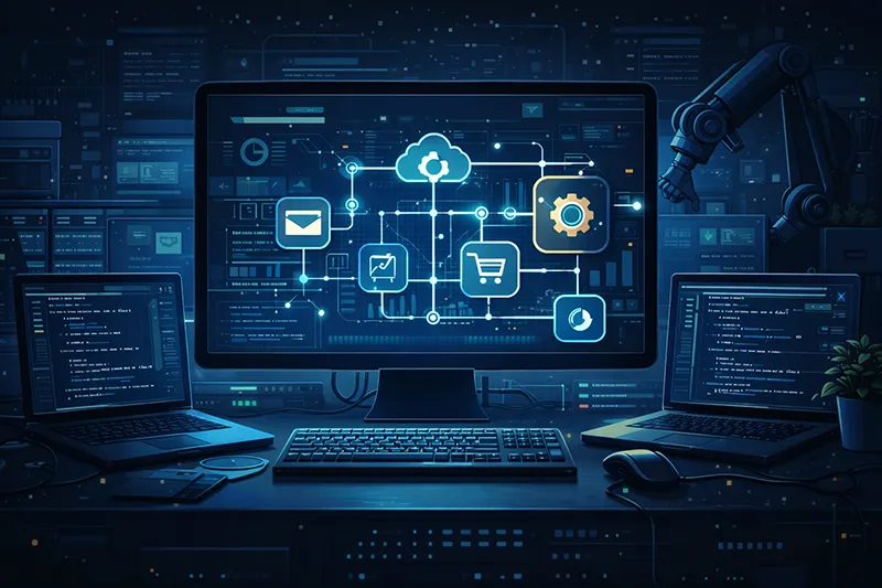 Ilustración de desarrollo de software, sistemas web y automatización